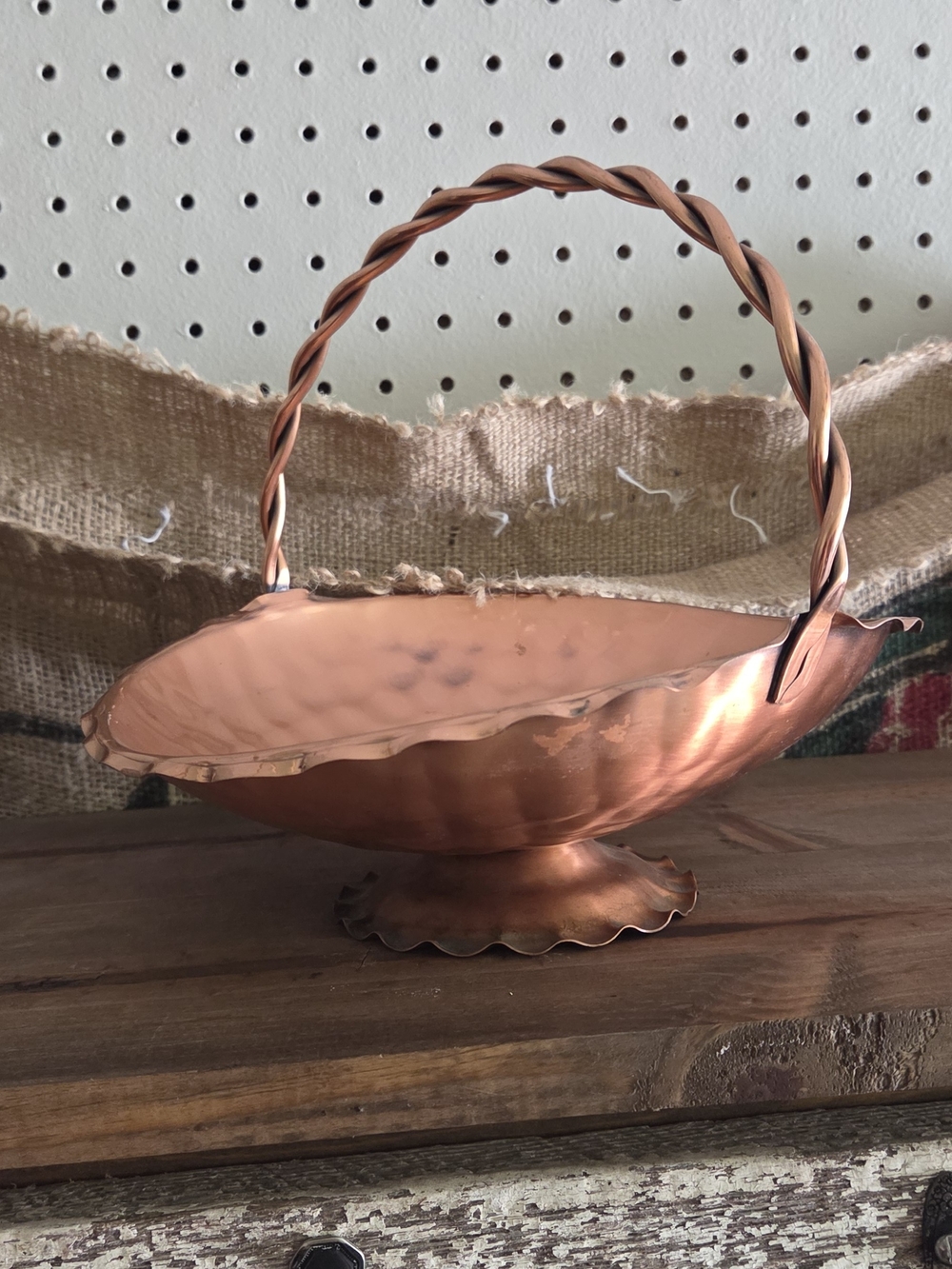 Georgian Copper Basket Bowl with Twisted Handle